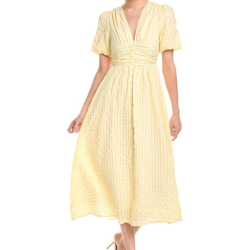 Colette Rose Plaid Yellow Midi Dress with Billowy Half Sleeves and V Neck